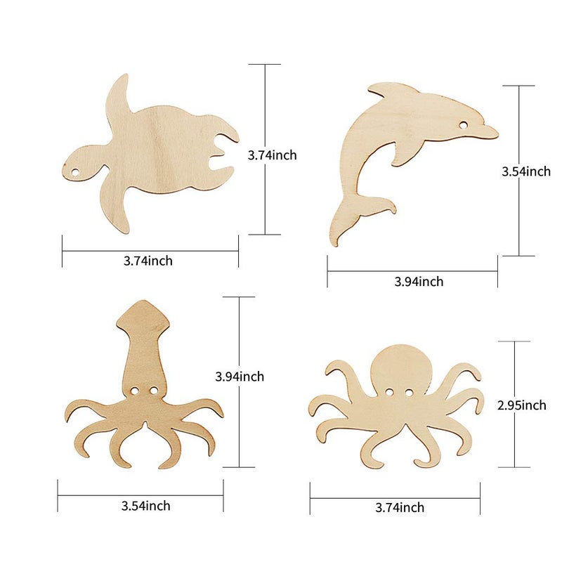 Newbested 48 Pack Unfinished Wooden Ocean Sea Animal Life Cutouts,Octopus,Shark,Whale,Dolphin,Turtle,Crab,Squid,Seahorse Shapes Model for Home Decor Ornament,DIY Craft Art Project(6 PCS/Shape) - Image 3